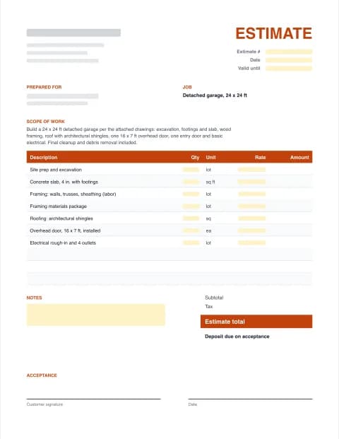 Construction Estimate Template: blank estimate template preview with scope of work, line items, totals and signature block