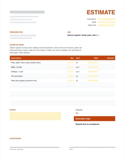 Painting Estimate Template: blank estimate template preview with scope of work, line items, totals and signature block