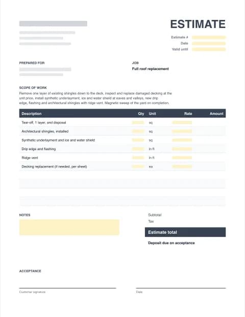 Roofing Estimate Template: blank estimate template preview with scope of work, line items, totals and signature block